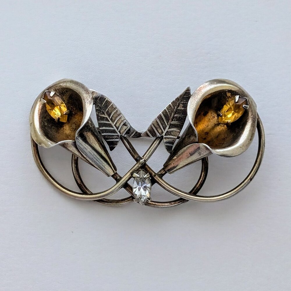 Designer Whiteco Sterling Silver Yellow White Paste Calla Lily Flower Pin Brooch